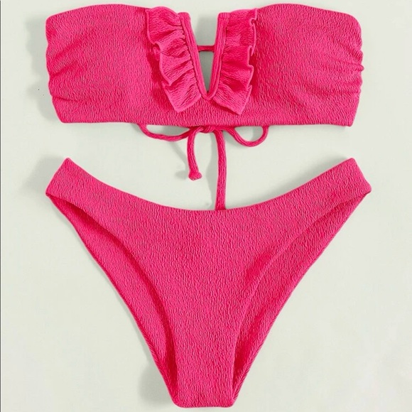 Sexy Hot Pink Ruffles V Neck Crisscross tie back Cheeky Bikini Swimwear Beach - Picture 3 of 6